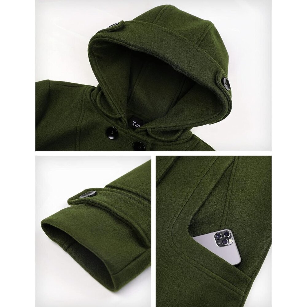 Women's Army Green Winter Warm Double Breasted Wool Trench Coat Jacket With Hood - Picture 4 of 5
